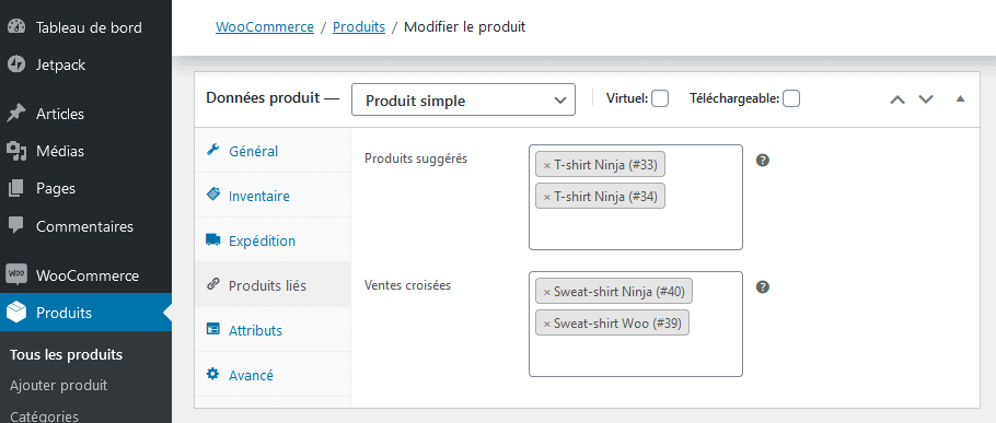 Configuration des produits apparentés, des produits suggérés et des ventes croisées – WooCommerce Docs